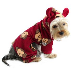 Adorable Silly Monkey Fleece Dog Pajamas/Bodysuit with Hood - Burgundy - XS